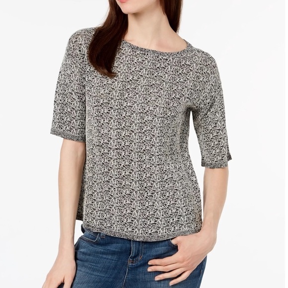 Eileen Fisher Organic Linen Scribble Lace Sweater Blouse Pullover Top Sz Medium - Picture 1 of 10